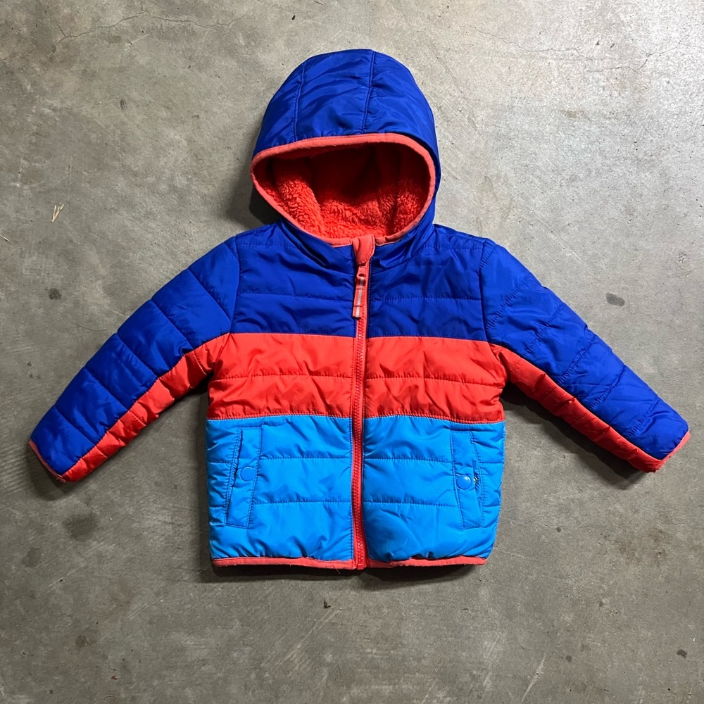 Blue and Red Hooded Puffer Jacket
